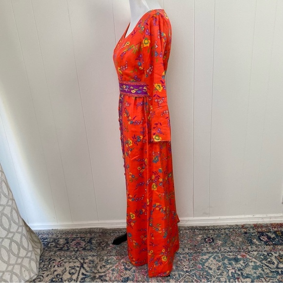Size XS Orange Purple Vibrant Maxi Dress VTG 60s 70s Gogo Mod Boho Hippie Floral - Picture 8 of 16